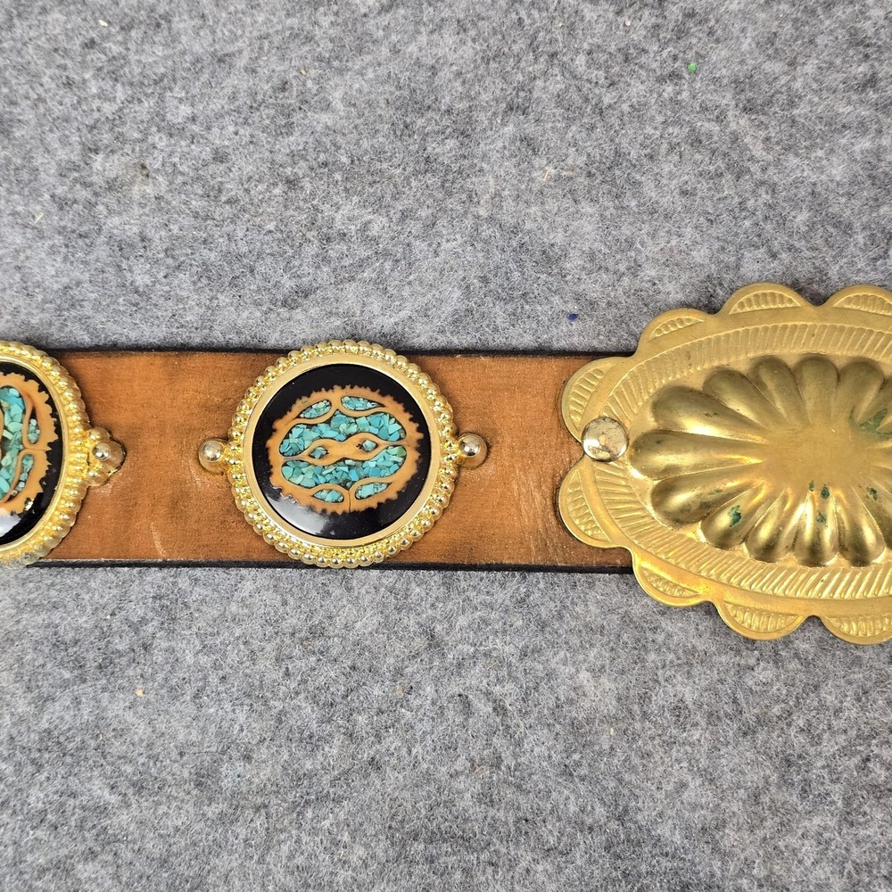 Western Concho Belt 48" Brown Leather Brass Tone Turquoise Inlay Studded Conchos - Picture 7 of 16